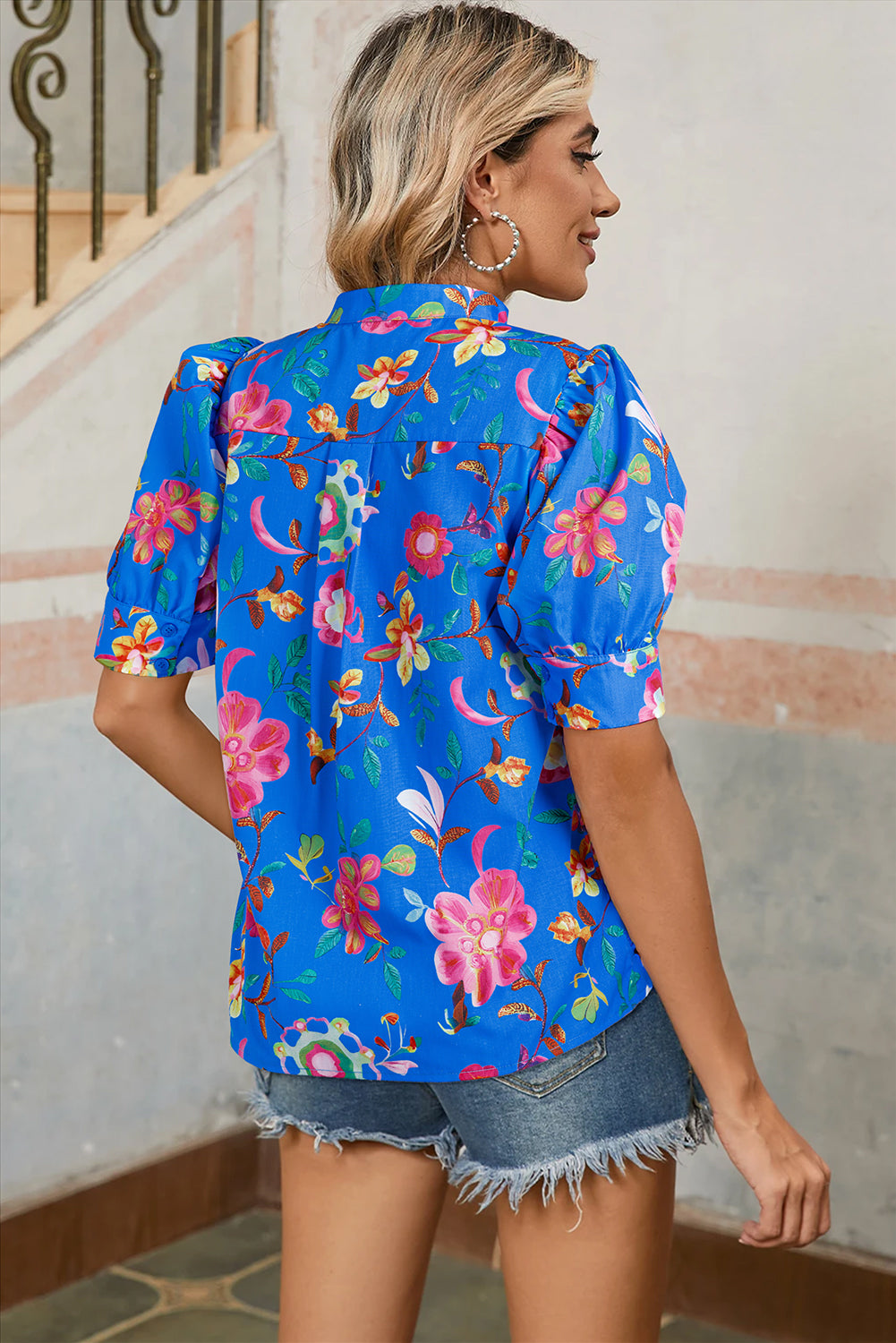 Olga-Blue Floral Print Short Puff Sleeve Button Up Shirt