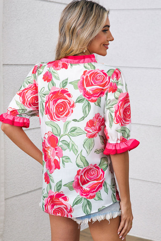 Deborah - Rose Floral Frilled V Neck Short Sleeve Blouse Top