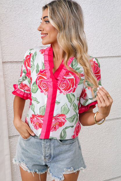 Deborah - Rose Floral Frilled V Neck Short Sleeve Blouse Top