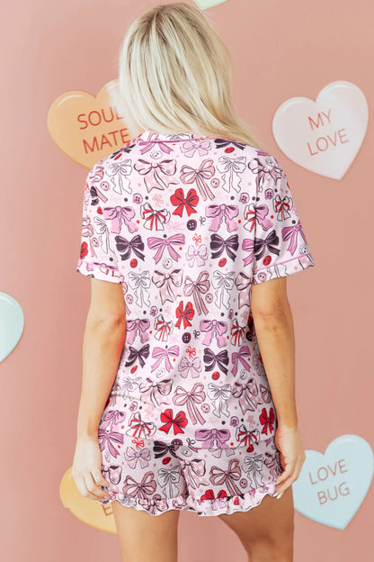 Elsie - Pink Cute Ribbon Bows Printed Short Pajama Set